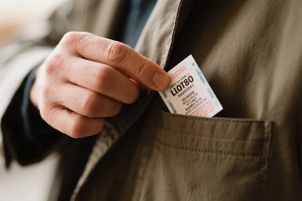 从外套口袋取出一张彩票的特写，提醒购彩者妥善保管